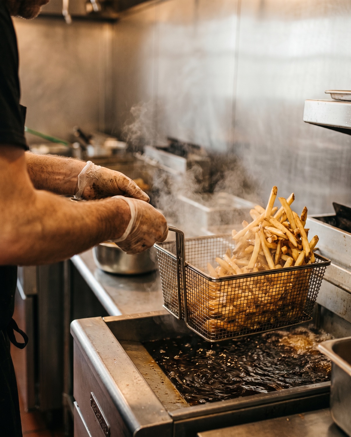 In the fryer at Peelers Potatoes